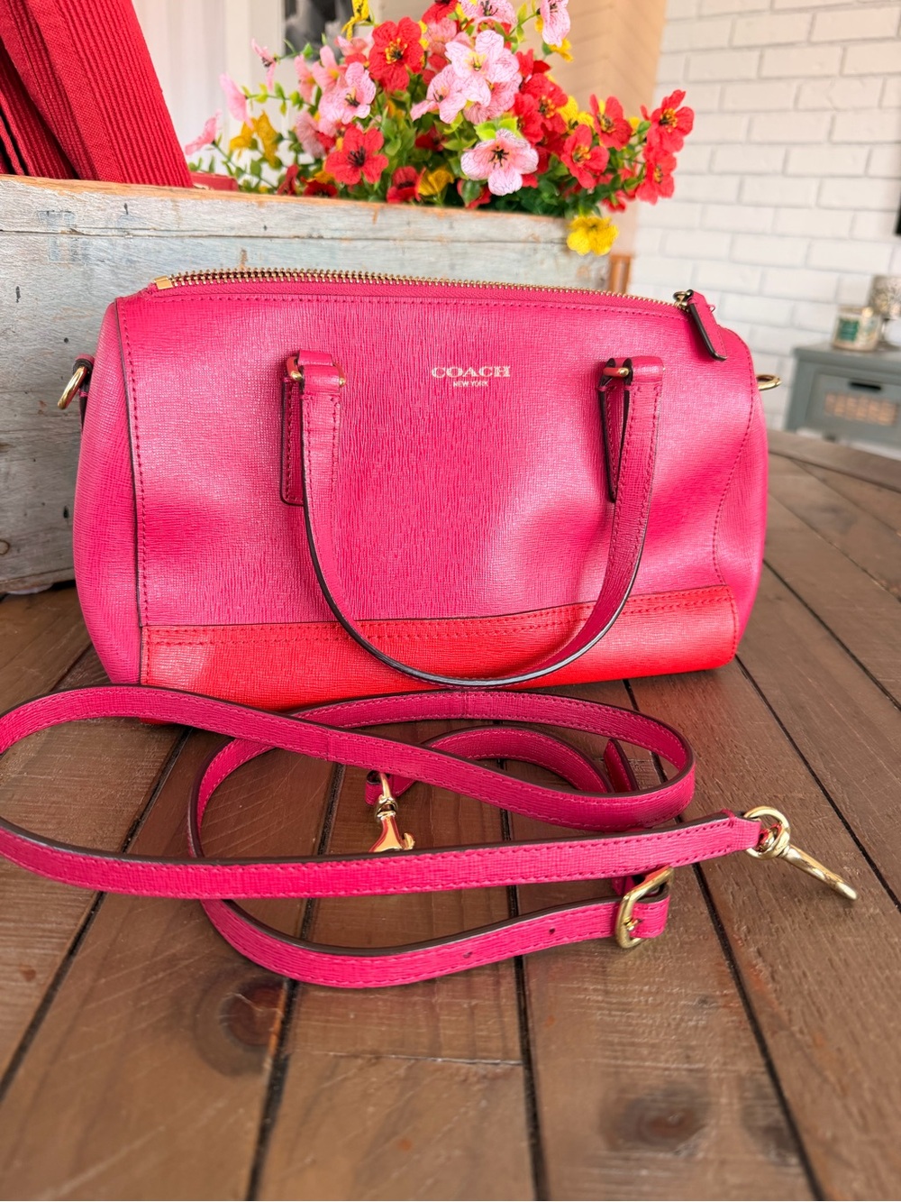 COACH Pink and Red Saffiano Leather Satchel with Detachable Strap